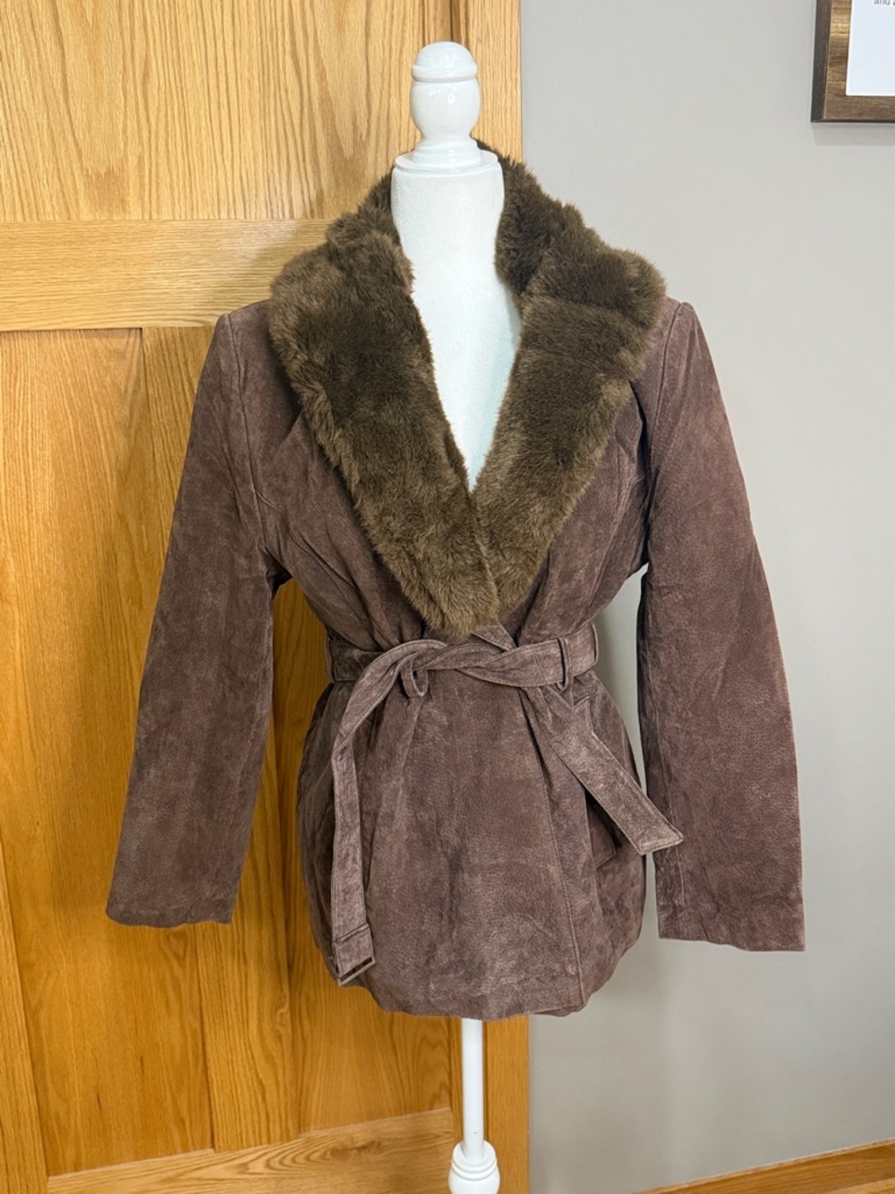 Women's Brown Suede Belted Jacket with Faux-Fur Shawl Collar